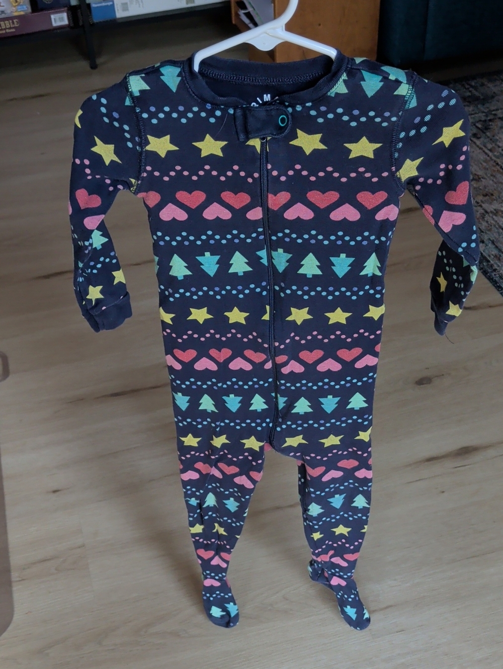 Primary Navy Footed One-Piece with Yellow Stars, Pink Hearts & Teal Trees
